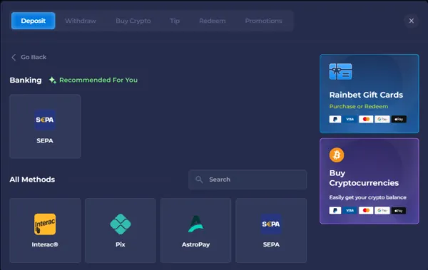 rainbet banking page